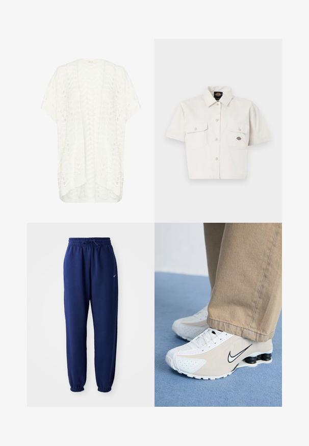 Cardigan alb tricotat cu un model în zig-zag, croială lejeră, mâneci scurte și o margine din spate mai lungă. Materialul este ușor și texturat.; Cămașă albă scurtă, din bumbac, cu mâneci scurte, croptă, cu două buzunare pe piept, închidere cu butoane pe față și un patch cu logo pe buzunarul din stânga.; Pantaloni de sport bleumarin, confecționați dintr-un material moale, având o talie elastică cu șnur, manșete elastice și un mic logo alb.; Adidași Nike albi și bej cu un design perforat, logo Swoosh negru, suprafață texturată și un călcâi elastic distinctiv de culoare neagră.