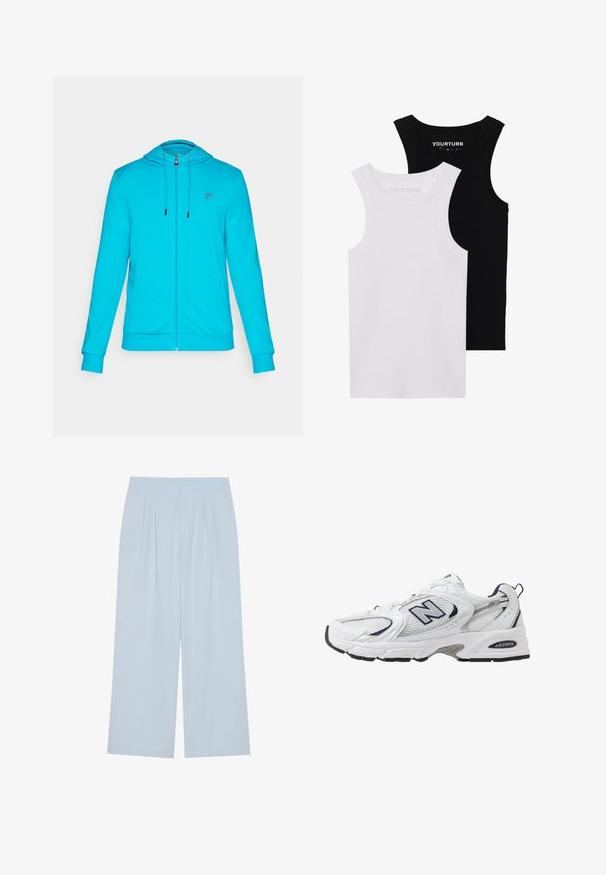 Türkiz színű cipzáros kapucnis pulóver, húzózsinórral, elülső zsebekkel és egy kis logóval a mellrészen. Puha, elasztikus anyagból készült.; Két testhez simuló trikó fekete és fehér színben. Bordázott pamutból készült, széles pántokkal és kerek kivágással rendelkezik. A galléron logó található.; Világoskék, bő szárú nadrág sima anyagból, elöl plissével és rugalmas derékkal a kényelem érdekében.; Fehér sportcipő hálós felsőrészével, sötétkék kiegészítőkkel és párnázott talppal. Jellemzője az "N" logó, a fűzők és a textúrázott részlet az oldalon.