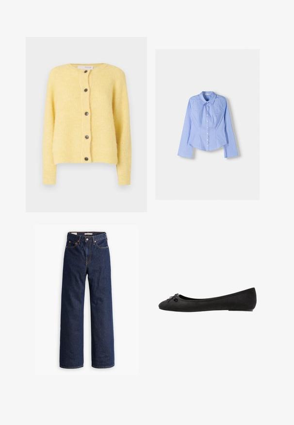 Yellow cardigan made of soft, textured fabric, featuring a round neckline, seven buttons down the front, and ribbed cuffs.; Blue and white striped long-sleeve button-up shirt with a spread collar, tailored fit, and curved hemline. Textured cotton material.; Dark blue straight-leg denim jeans with five pockets, orange stitching, and a button fly closure.; Black suede ballet flats with a rounded toe, featuring a decorative bow on the front and a flat sole design. Smooth texture and classic shape.