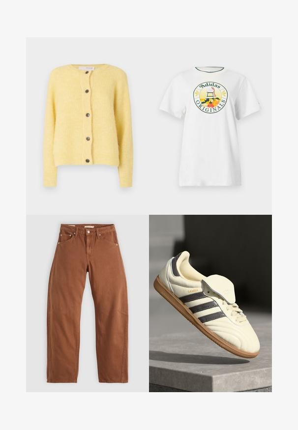 Geltonas megztinis, pagamintas iš švelnios, tekstūruotos medžiagos, su apvaliu kaklu, septyniais mygtukais priekyje ir raukšlėtais rankogaliais.; Balta medvilnė marškinėliai trumpomis rankovėmis, su apvaliu grafiniu logotipu žaliai ir geltonai, kuriame yra užrašas "Adidas Originals" ir vaisių dizainai.; Rudai rudi tiesūs džinsai su priekinėmis ir galinėmis kišenėmis, metaliniais kabliukais, mygtuko užsegimu ir diržo kilpomis, išdėstyti ant balto fono.; Kremo spalvos odiniai sportbačiai su trimis tamsiomis juostelėmis, rudos gumos padas ir apvalus nosis. Yra lankstus liežuvis su užrašu "SAMBA."