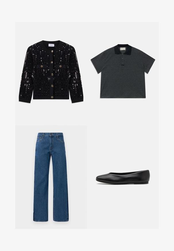 Black long-sleeve cardigan with vertical sequins, front gold buttons, and two chest pockets with flap and button closures.; Black short-sleeve polo shirt with thin white horizontal stripes and three front buttons, featuring a black collar and a fabric label inside the neck.; Blue high-waist wide-leg jeans with front and back pockets, button closure, and visible stitching on a white background.; Paul Smith TOPANGA - Ballet pumps - black