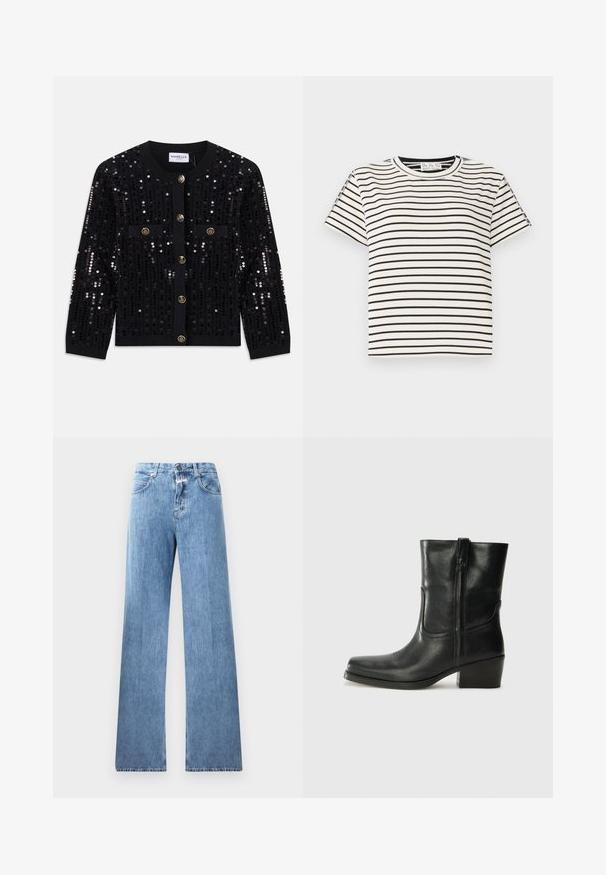 Black long-sleeve cardigan with vertical sequins, front gold buttons, and two chest pockets with flap and button closures.; Cotton short-sleeve T-shirt with a crew neckline, featuring black vertical stripes on a white background and a straight cut design.; Light blue denim jeans with a wide-leg design, five pockets, belt loops, and a button closure. The fabric has a smooth texture.; Black leather ankle boot with a rounded toe, block heel, side zipper, and stitching accents on the vamp. Smooth texture, classic design.