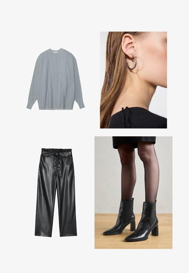 Lys grå cardigan laget av mykt stoff, med åpen front, lange ermer og en avslappet fasong med subtil ribbestruktur.; Hvit langermet bluse med klassisk krage, knapper foran og samlet detalj på siden. Glatt stoff med en skreddersydd fasong.; Sorte faux lær brede bukser med en elastisk, bølget talje og et aftageligt bånd. Glat tekstur og minimal glans.; Sorte ankelstøvler i skinn med spiss tå, chunky firkantet hæl, og slank design. Har elastiske sidede paneler for enkel påføring.; Sølv ringøredob med en polert finish, med små gull detaljer og en rund form, båret på øreflippen.