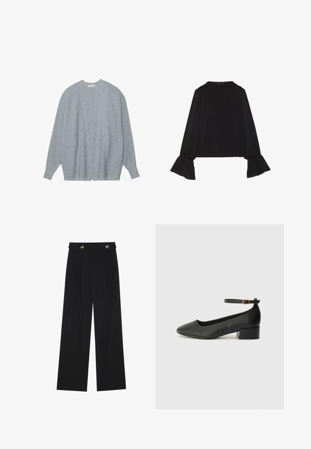 Light grey cardigan made of soft fabric, featuring a open front, long sleeves, and a relaxed fit with subtle ribbed texture.; Black long-sleeve top featuring flared cuffs, soft texture, and a relaxed fit, with a simple round neckline.; Black wide-leg trousers with high waist, button details on waistband, and front pleats.; Black leather pump with a pointed toe and a low block heel. Features an ankle strap with a gold-tone buckle. Smooth texture.