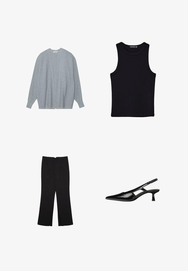Ljust grå cardigan i mjukt tyg, med öppen framsida, långa ärmar och en avslappnad passform med subtil ribbad textur.; Svart linne i bomull, med rund halsringning och breda armhål. Slät yta med sydda fållar. Klassisk, minimalistisk design.; Svarta byxor med rak passform, utrustade med framfickor och sidoklyvningar vid fållen. Tillverkade av mjukt, slätt tyg. Lämpliga för olika tillfällen.; Svart lackläder slingback-klackar med spetsig tå, utskuren sidor och en liten fyrkantig klack. Slät textur med minimala accenter.