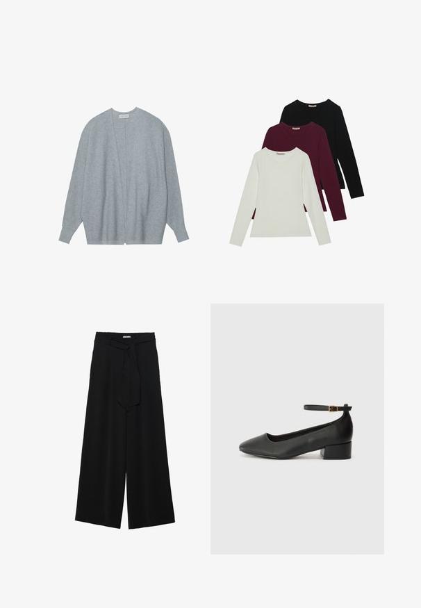 Light grey cardigan made of soft fabric, featuring a open front, long sleeves, and a relaxed fit with subtle ribbed texture.; Long-sleeve t-shirts in white, burgundy, and black. Made of soft fabric with a round neckline and fitted design. Suitable for layering.; Black wide-leg pants featuring a textured fabric, an elastic waistband, and a detachable sash tie at the waist for adjustable fit.; Black leather pump with a pointed toe and a low block heel. Features an ankle strap with a gold-tone buckle. Smooth texture.