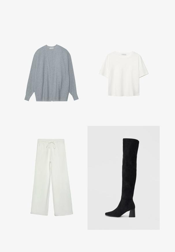 Svetlo sivi kardigan iz mehkega materiala, ki ima odprto sprednjo stran, dolge rokave in sproščen kroj z rahlo rebrasto teksturo.; Bela kratka majica s kratkimi rokavi iz bombaža. Ima okroglo izrezovanje in sproščen kroj. Gladka tekstura brez vidnih vzorcev ali poudarkov.; Bele široke hlače iz mehkega blaga. Imajo elastičen pas s vrvico in gladko teksturo. Brez vidnih vzorcev ali kovinskih delov.; Črne semiš škornje do kolen z blok peto, s koničastim nosom in gladkim, brezšivnim dizajnom na enostavni svetli podlagi.