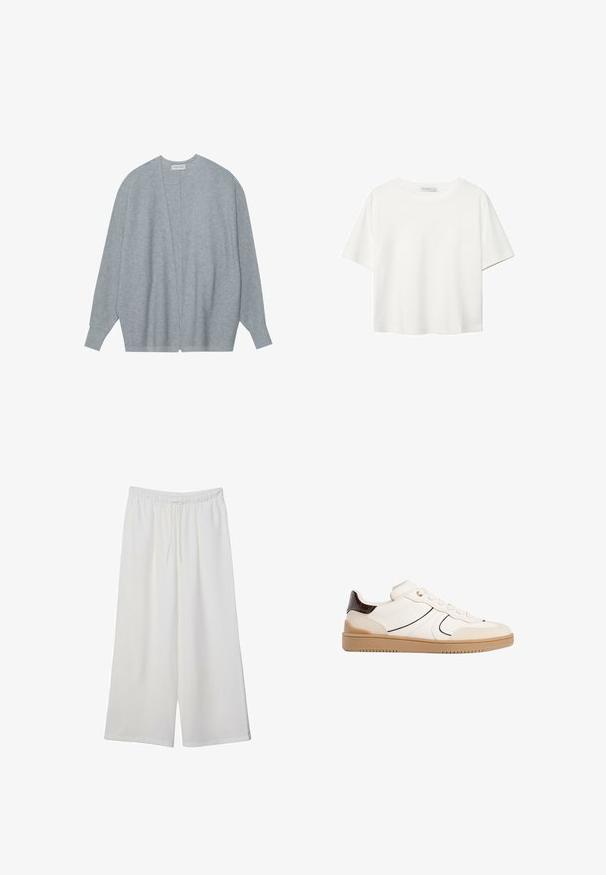 Vaaleanharmaa neulecardigan, joka on valmistettu pehmeästä kankaasta. Siinä on avoin etuosa, pitkät hihat ja rento istuvuus, jossa on hienovarainen ribbitekstuuri.; Valkoinen lyhythihainen T-paita, joka on tehty puuvillasta. Siinä on pyöreä kaula-aukko ja rento malli. Silkkinen pinta ilman näkyviä kuvioita tai koristeita.; Valkoiset leveälahkeiset housut, jotka on valmistettu kevyestä kankaasta. Niissä on joustava vyötärö ja nauha säädettävää istuvuutta varten. Sileä pinta.; Stradivarius Matalavartiset tennarit - white