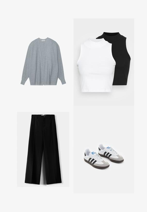 Cardigan gri deschis, realizat dintr-un material moale, cu un front deschis, mâneci lungi și o croială lejeră, având o textură ușor ribilată.; Două bluze fără mâneci, cu guler înalt, în culorile negru și alb, având un design ajustat și o textură netedă, cu o lungime scurtă.; Pantaloni negri cu picior larg, fabricați dintr-un material ușor, cu închidere frontală cu nasture și față plată, având tivuri cusute cu atenție.; Încălțăminte sport cu un superior din piele albă, vârf din suede gri și trei dungi negre. Prezintă un logo albastru pe limbă și o talpă din cauciuc texturat.