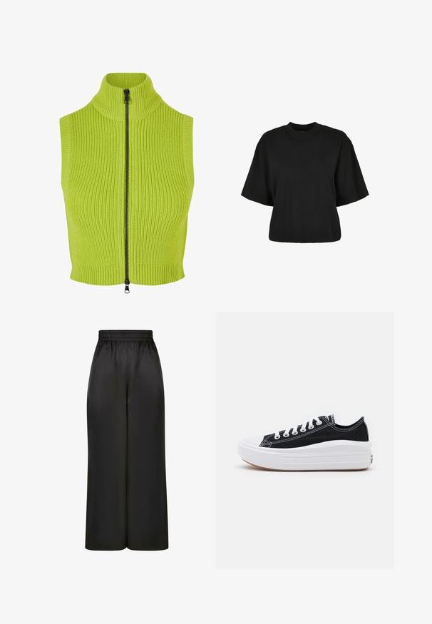 Bez rukávů pletená vesta v limetkové zelené barvě s vysokým límcem a dlouhým černým zipem. Obsahuje žebrovanou strukturu a přiléhavý střih.; Černé zkrácené tričko vyrobené z bavlny. Má krátké rukávy a kulatý výstřih. Hladký povrch s jednoduchým designem, bez dalších vzorů.; Černé široké kalhoty vyrobené z hladké, lesklé látky, s elastickým pasem bez viditelných kapes nebo kovových detailů.; Černé plátěné tenisky s bílými tkaničkami, bílým gumovým špičkovým krytem a masivní bílou střední podrážkou. Mají jemné bílé švy a gumovou podešev.