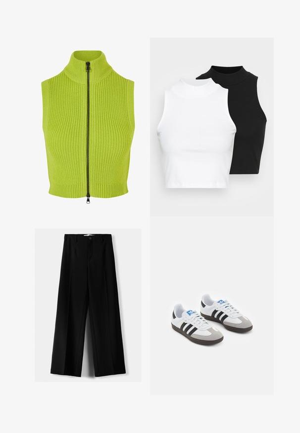 Bezrokavni svetlozeleni pleteni brezrokavnik z visokim ovratnikom in polnim črnim zadrgo. Ima rebrasto teksturo in prilega se postavi.; Dva brezrokavniki z rebrasto turtleneck gorami v črni in beli barvi, z oblikovanim dizajnom in gladko teksturo, v skrajšani dolžini.; Črne široke hlače iz lahkega materiala, z zapiranjem na gumb spredaj in ravnim sprednjim delom, s skrbno zašiti robovi.; Športni čevlji z belim usnjenim zgornjim delom, sivim semišem na prstih in tremi črnimi črtami. Imajo modro logo na jeziku in teksturiran gumijast podplat.