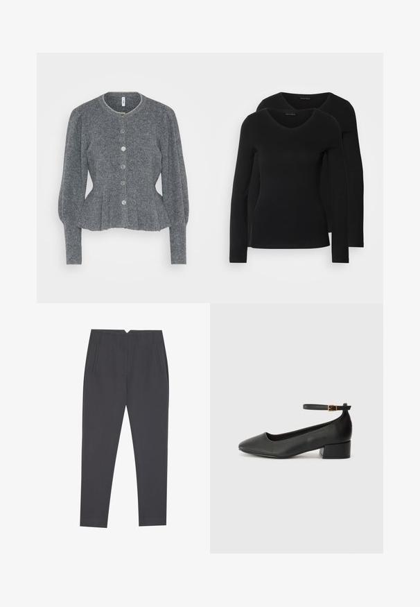 Cardigã cinza tricotado com um gola redonda, mangas longas e cinco botões grandes na frente. Apresenta uma barra em peplum e textura canelada.; Duas camisetas pretas de manga longa com design em V, feitas de um tecido macio e elástico, apresentando uma textura suave e um formato ajustado.; Calças cinza-escuras ajustadas com bolsos laterais e pregas frontais, desenhadas para um ajuste sob medida.; Sandal de pele preta com bico pontiagudo e um salto bloco baixo. Apresenta uma tira no tornozelo com uma fivela em tom dourado. Textura suave.