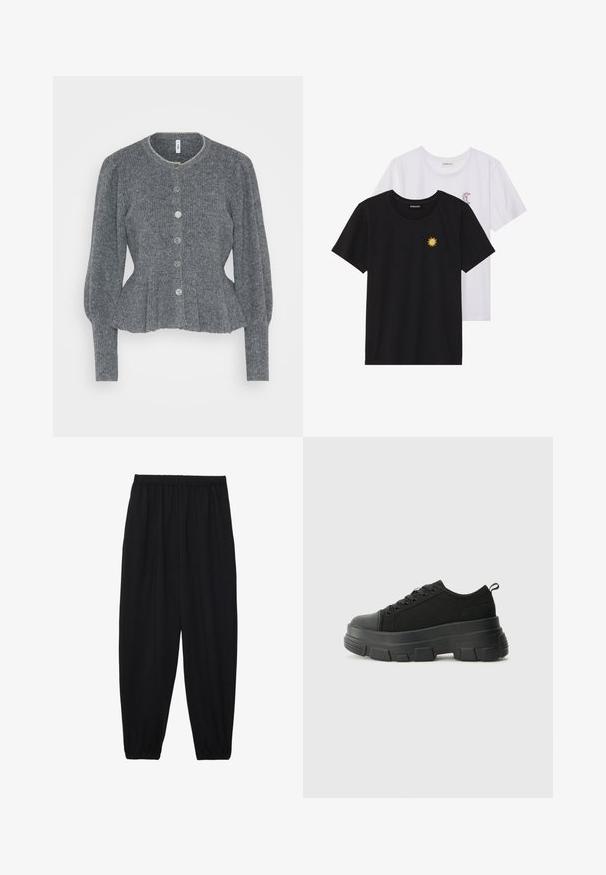 Cardigã cinza tricotado com um gola redonda, mangas longas e cinco botões grandes na frente. Apresenta uma barra em peplum e textura canelada.; T-shirts preto e branco, de decote redondo e mangas curtas. A camisa preta apresenta um bordado de sol amarelo; a branca tem um detalhe de lua crescente roxa.; Calças pretas, leves, com um cinto elástico e punhos franzidos. O tecido é suave e apresenta um design relaxado e afunilado.; Sneakers pretos com sola de borracha robusta, parte superior de tecido texturizado, bico redondo e design de atacadores. Apresenta ilhós reforçados e uma alça na parte posterior.