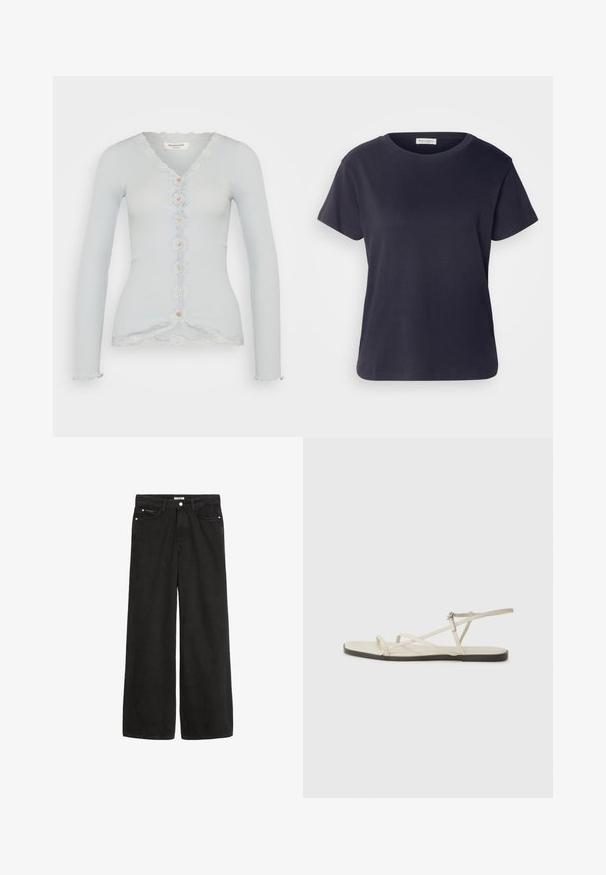 Rosemunde Adīta jaka - heather sky; Tumši zilas kokvilnas T-krekls ar apaļu kakla izgriezumu, īsām piedurknēm un brīvu piegriezumu. Gluda tekstūra un minimālistisks dizains, bez redzamām rakstām.; Plašas kāju melnas denima bikses ar augstu jostasvietu. Iespējo piecas kabatas, metāla detaļas un gludu apdari. Audums ir mīksts un patīkams uz tausti.; Bežīgas plakanas čības ar vairākiem plāniem siksniņām un regulējamu sprādzi. Zole ir plakana ar nelielu tumšu kontrastu malā.