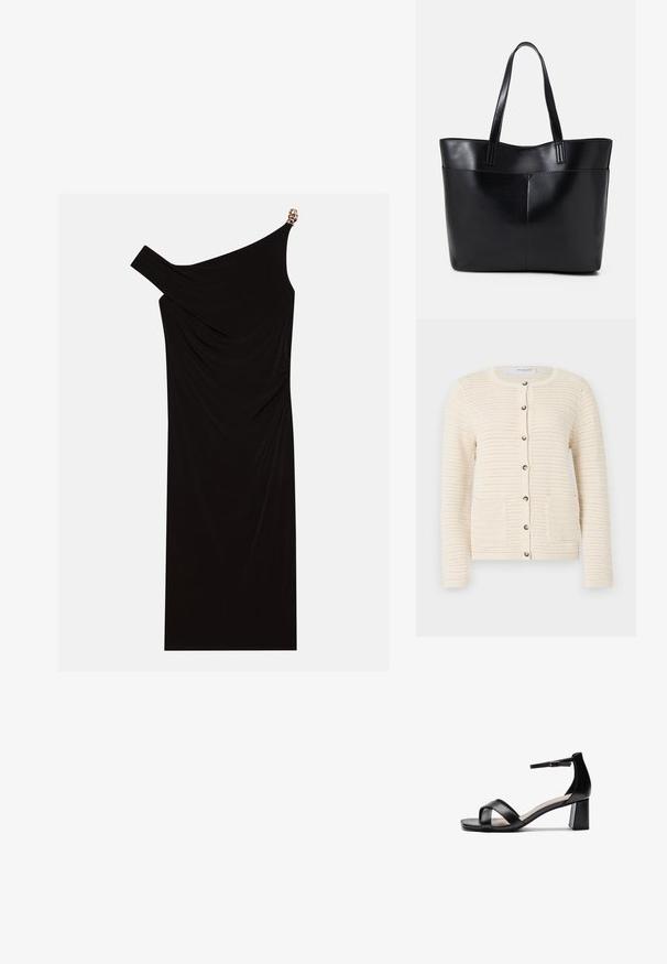 Strik cardigan i off-white med rund halsudskæring, knaplukning, to forlommer og tekstureret mønster i hele stoffet.; Sort en-skulder kjole lavet af draperet stof med en gylden detalje på skulderen, glat tekstur og knælangt design.; Sort åben tå hæl sandal med krydsede remme, justerbar ankelrem og en chunky hæl, der har en glat læderoverflade.; Sort læder tote taske med to lange håndtag, en glat tekstur og en struktureret form. Har en forlommem for ekstra opbevaring.