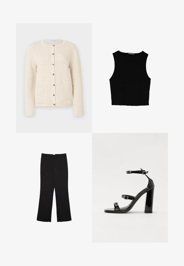 Knit cardigan in off-white with a round neckline, button closure, two front pockets, and textured pattern throughout the fabric.; Black sleeveless crop top made of smooth fabric, featuring a round neck and a clean, simple design without patterns or hardware.; Black trousers with a straight fit, featuring front pockets and side slits at the hem. Made of soft, smooth fabric. Suitable for various occasions.; Black patent heeled sandals with a square toe, ankle straps, and silver buckles. Features a chunky block heel for stability.