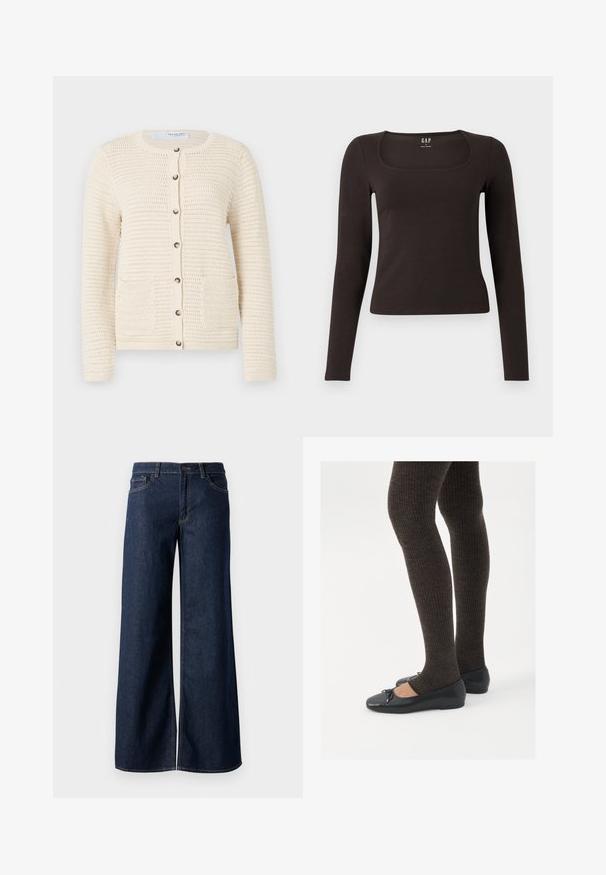 Pleteni kardigan u boji slonovače s okruglim izrezom, zatvaranjem na gumbi, dva prednja džepa i teksturiranim uzorkom kroz cijelu tkaninu.; Crna majica dugih rukava, uskog kroja s kvadratnim izrezom, označena s GAP, prikazana na bijeloj pozadini.; Široke traperice u tamnoplavoj denim boji. Sadrže kontrastno šivanje, pet džepova i kopčanje na dugme u struku. Glatka tekstura.; Crne ravne cipele s malim mašnom na vrhu prstiju, uparene s tamnosmešnim rebrovanim čarapama. Cipele imaju glatku teksturu i nizak profil.