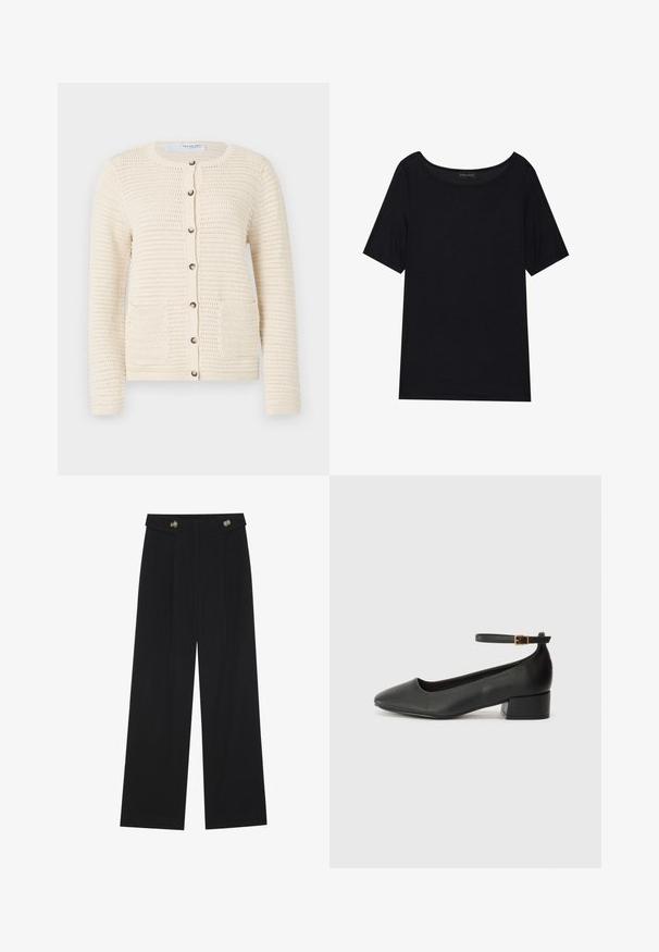 Stickad cardigan i off-white med rund halsringning, knappstängning, två framfickor och strukturerad mönster över hela tyget.; Svart kortärmad T-shirt med bred rund halsringning. Tillverkad av mjukt, lätt tyg. Enkelt design utan mönster eller dekorationer.; Svarta vida byxor med hög midja, knäppdetaljer i midjan och framfickor.; Svart läderpump med spetsig tå och en låg klack. Har en ankelsnodd med en guldtonad spänne. Slät textur.