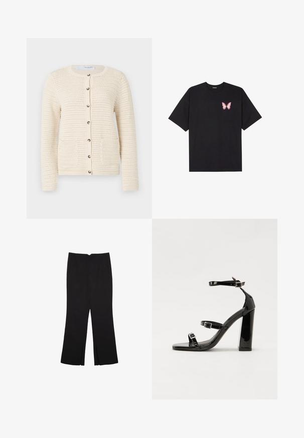 Neulecardigan vaaleassa valkoisessa, jossa on pyöreä kaula-aukko, nappikiinnitys, kaksi etutaskua ja teksturoitu kuvio koko kankaan läpi.; Musta puuvillapaita lyhyillä hihoilla, jossa on pieni vaaleanpunainen perhosgrafiikka vasemmassa rinnassa. Pyöreä kaula-aukko ja rento istuvuus.; Mustat housut suoralinjaisella leikkauksella, joissa on etutaskut ja sivurei'ät helman alla. Valmistettu pehmeästä ja sileästä kankaasta. Sopii eri tilaisuuksiin.; Musta kiiltävä korkokenkä sandaalit neliönmuotoisella varpaalla, nilkkaremmillä ja hopeisilla soljilla. Varustettu tukevalla lohkokorkealla vakauden takaamiseksi.