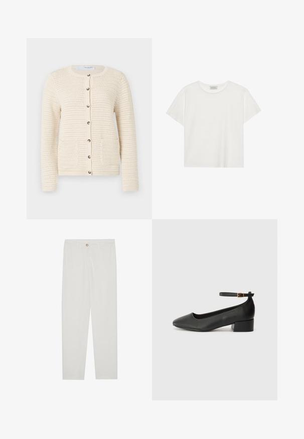 Strik cardigan i off-white med rund halsudskæring, knaplukning, to forlommer og tekstureret mønster i hele stoffet.; Hvid kortærmet T-shirt lavet af blødt bomuld. Har en rund halsudskæring og en afslappet pasform. Rent design uden synlige mønstre eller accenter.; Hvide, skrædderlavede bukser med lige ben design, udstyret med knaplukning, bæltesløjfer og sidelommer; glat stoftekstur.; Sorte læderpumper med spids tå og en lav blokhæl. Har en ankelrem med en guldfarvet spænde. Glat tekstur.