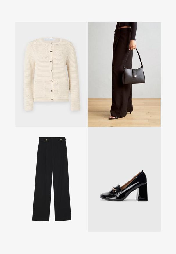 Pleteni kardigan v off-white barvi z okroglim izrezom, gumbnim zapiranjem, dvema sprednjima žepoma in teksturiranim vzorcem po celotni tkanini.; Bela kratkotrajna majica s kratkimi rokavi, narejena iz mehke bombažne tkanine. Ima okroglo ovratnico in sproščen kroj. Čist dizajn brez vidnih vzorcev ali akcentov.; Črne široke hlače s visokim pasom, gumbnimi detajli na pasu in sprednjimi gubami.; Črne patent usnjene čeveljce s peto, ošiljenim nosom in blok peto. Imajo dekorativno zanko in zaponko na sprednjem delu.; Črna torbica z strukturirano obliko, gladko teksturo in kovinskim zaponko. Ujemajo se z širokimi črnimi hlačami in odprtimi sandali na lesenem tleh.
