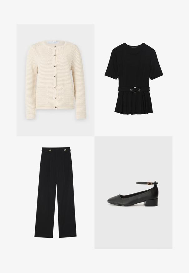 Pletený kardigán v odtieňoch off-white s okrúhlym výstrihom, zapínaním na gombíky, dvoma prednými vreckami a textúrovaným vzorom na celom materiáli.; Čierny krátky rukáv top vyrobený z hladkého materiálu, so strihom peplum a opaskom v páse so syntetickými guľatými striebornými gombíkmi.; Čierne široké nohavice s vysokým pásom, so zapínaním na gombíky na páse a prednými sklady.; Čierne kožené lodičky s špicatou špičkou a nízkym blokovým podpätkom. Obsahuje remienok okolo členka so zlatým prackou. Hladký povrch.