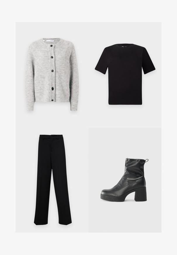 Gray knit cardigan made of soft, textured fabric. Features a round neckline, five dark buttons, and long sleeves with ribbed cuffs.; Black short-sleeve t-shirt with a round neckline, crafted from soft cotton fabric. Simple design, no visible logos or patterns.; Black wide-leg trousers made of smooth fabric, featuring a classic waistband with a button closure and front pleats.; Black ankle boots made of smooth leather, featuring a side zipper, chunky textured heel, and rounded toe design.