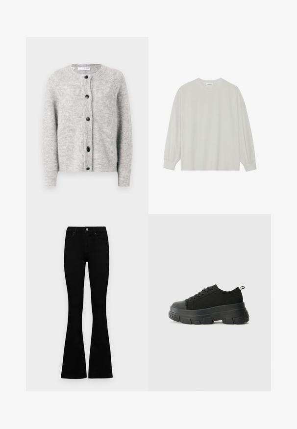 Cardigan gri tricotat, realizat dintr-un material moale, texturat. Prezintă un guler rotund, cinci nasturi întunecați și mâneci lungi cu manșete strâmte.; Tricou pe șir cu mâneci lungi, de culoare gri deschis, confecționat din bumbac moale. Are o croială lejeră, decolteu rotund și manșete ușor bufante. Fără modele sau grafica.; Jeans negri cu talie înaltă, cu închidere prin nasture și fermoar, buzunare frontale și picioare evazate, așezați pe un fundal alb.; Adidași negri cu talpă groasă din cauciuc, superior din material texturat, bot rotund și design cu șireturi. Include gauri întărite pentru șireturi și o buclă pe spate.