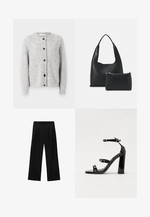 Cardigan grigio a maglia realizzato in un tessuto morbido e testurizzato. Presenta un collo rotondo, cinque bottoni scuri e maniche lunghe con polsini a coste.; T-shirt nera a maniche corte in cotone. Presenta un collo rotondo e una vestibilità ampia con una texture liscia e uniforme. Nessun motivo o accento visibile.; Pantaloni neri a gamba larga con pieghe, caratterizzati da una texture liscia e un design a vita alta. Stile minimalista, senza hardware o decorazioni visibili.; Sandali con tacco in vernice nera, con punta squadrata, cinturini alla caviglia e fibbie in argento. Presentano un tacco a blocco spesso per maggiore stabilità.; Even&Odd Borsa a mano - black