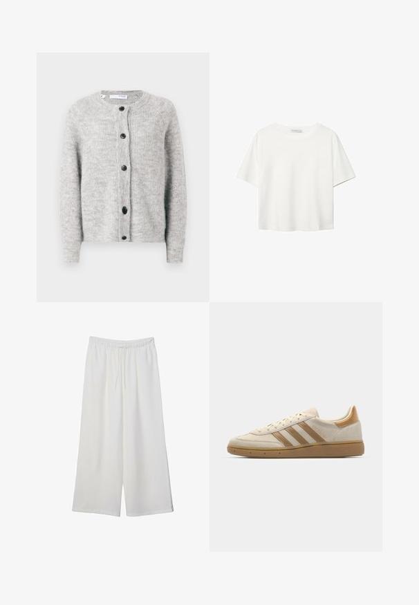 Harmaa neulekortti, joka on valmistettu pehmeästä, teksturoidusta kankaasta. Sisältää pyöreän kaula-aukon, viisi tummanväristä nappia ja pitkät hihat ribbaustaskuilla.; Valkoinen lyhythihainen T-paita, joka on tehty puuvillasta. Siinä on pyöreä kaula-aukko ja rento malli. Silkkinen pinta ilman näkyviä kuvioita tai koristeita.; Valkoiset leveälahkeiset housut, jotka on valmistettu kevyestä kankaasta. Niissä on joustava vyötärö ja nauha säädettävää istuvuutta varten. Sileä pinta.; Beige mokkanen kengät, joissa on vaaleanruskeita yksityiskohtia. Varustettu kolmella ruskealla raidalla, tekstuurilla varustetulla kumipohjalla ja pyöristetyllä kärjellä.