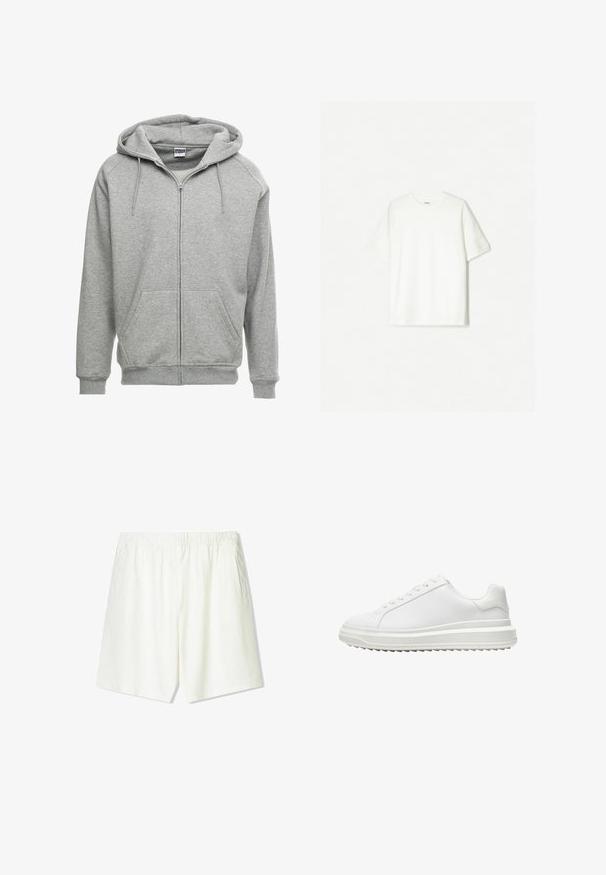 Šedá mikina na zips s priestrannou kapucňou, klokanikovými vreckami a rebrovanými manžetami. Tkanina vyzerá mäkká a textúrovaná, vhodná na neformálne nosenie.; Biele tričko s krátkym rukávom vyrobené z mäkkého bavlneného materiálu. S dizajnom s okrúhlym výstrihom, vo voľnom strihu, bez viditeľných log či vzorov.; Svetlé béžové šortky s elastickým pásom, dvoma bočnými vreckami a rovnými nohavicami. Vyrobené z mäkkej, priedušnej látky.; Biele tenisky so hladkým syntetickým zvrškom, okrúhlou špičkou, plochými šnúrkami, texturovanou podrážkou a vrstveným dizajnom platformy na zvýšenie výšky.