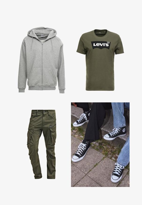 Sivi dukserica sa zatvaračem i prostranom kapuljačom, kengurudžepovima i rebrastim manžetama. Tkanina izgleda mekano i teksturirano, pogodno za svakodnevno nošenje.; Maslinasto zelena pamučna majica s velikim crnim Levi's logotipom sprijeda. Klasični okrugli izrez i kratki rukavi, glatka tekstura.; Maslinaste zelene cargo hlače napravljene od čvrste pamučne tkanine. Imaju višestruke džepove, bočni džep sa zatvaračem i sužene nogavice sa blago teksturiranim završetkom.; Crne visoke platnene tenisice s bijelim gumama i vezicama, sa kružnim logom sa strane, u kombinaciji s trapericama i crnim hlačama.