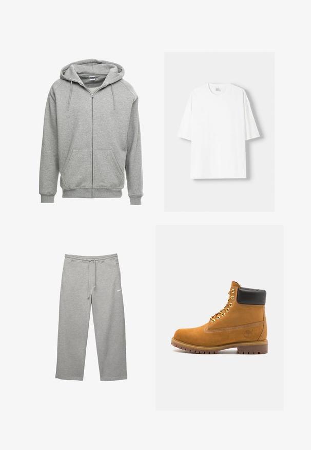 Szürke, cipzáros kapucnis pulóver tágas kapucnival, kenguruzsebekkel és bordázott mandzsettákkal. Az anyag puhanak és texturáltak tűnik, alkalmas hétköznapi viseletre.; Fehér, rövid ujjú pamut póló, kerek nyakkivágással és laza szabással. Simább textúra, látható minták vagy díszítések nélkül.; Szürke, puha anyagból készült melegítőnadrág, rugalmas derékpánttal, állítható húzózsinórral és oldalsó zsebekkel. Egy kis fehér logóval rendelkezik.; Barna velúr bokacipő fekete párnázott gallérral, arany fém fűzőlyukakkal, fehér varrási részletekkel és durva gumitalppal, amelynek kifejezett barázdái vannak.