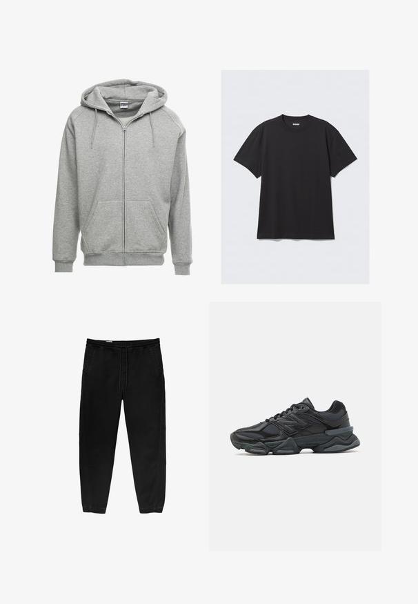 Svetlo siva zip-up kapa s prostornim kapuco, kenguru žepi in rebrastimi manšetami. Tkanina se zdi mehka in teksturirana, primerna za sproščeno nošenje.; Crna majica s kratkimi rokavi iz bombaža. Ima okroglo ovratnik in sproščen kroj. Preprost dizajn brez vzorcev ali poudarkov.; Črne hlače z elastičnim pasom in vrvico, ožji nogi, stranskimi žepi in subtilnimi detajli šivanja na straneh. Mehka bombažna tekstura tkanine.; Črne tekaške superge, ki združujejo mrežaste in sintetične materiale, imajo debel podplat, ukrivljen oblikovni slog ter izrazito blagovno znamko na strani.