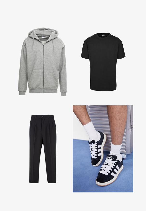 Pilkas džemperis su užtrauktuku, erdvia kapišonu, kengūros kišenėmis ir pūkuotais rankogaliais. Audinys atrodo minkštas ir tekstūruotas, tinkamas kasdieniam nešiojimui.; Juodas medvilnės marškinėliai su apvaliu iškirpimu, trumpomis rankovėmis ir tiesiu apatine dalimi. Lygus paviršius; paprastas, nepuošnus dizainas.; Juodi kelnių su raukšlėtu priekiu dizainu, pagaminti iš lygaus audinio. Su mygtuko užsegimu ir diržo kilpomis; tiesios kojų formos.; Juodos zomšos sportbačiai su baltais raišteliais ir trimis baltais dryžiais. Ant liežuvėlio yra apvalus juodas logotipas, o pado medžiaga – guminė.