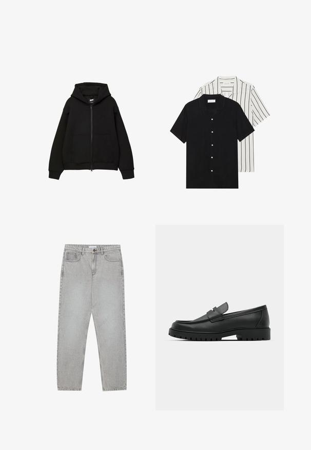 Felpa nera con zip, cappuccio, due tasche frontali, polsini e orlo a coste. Realizzata in un tessuto morbido con un design minimalista e un sottile dettaglio del logo.; Due camicie a manica corta: una nera uniforme, l'altra bianca con strisce verticali nere. Entrambe presentano chiusure a bottoni e un colletto classico.; Pantaloni in denim grigio chiaro con design a gamba dritta, stile a cinque tasche e chiusura con bottone. Cuciture visibili lungo le cuciture.; Mocassini in pelle nera con punta rotonda, caratterizzati da un design cucito, suola piatta bassa e un battistrada in gomma testurizzata e scolpita.