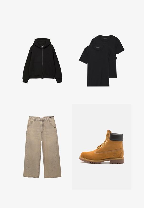 Zwarte zip-up hoodie met een capuchon, twee voorzakken, ribgebreide mouwen en onderrand. Gemaakt van zachte stof met een minimalistisch ontwerp en subtiele logo-details.; Twee zwarte katoenen t-shirts met korte mouwen, ronde halslijnen en een gladde textuur, gepresenteerd op elkaar gestapeld.; PULL&BEAR MEGA BAGGY - Baggy jeans - light grey; Tan suède enkelboot met zwart gevoerd kraagje, gouden metalen oogjes, witte stikdetails en een robuuste rubberen zool met uitgesproken profiel.