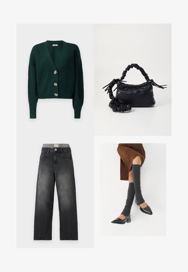 Cardigan verde lavorato a maglia con scollo a V profondo, quattro grandi bottoni e texture a coste. Presenta maniche lunghe e un design cropped.; Camicia bianca con bottoni, realizzata in cotone liscio, dotata di un colletto classico, maniche lunghe e orlo curvo. I bottoni sono piccoli e bianchi.; Jeans neri in denim a gamba larga con una cintura a motivo houndstooth. Presentano tasche frontali e chiusura con bottone. Texture usurata.; Scarpe nere in pelle verniciata con punta affilata, tacco a blocco e cinturino alla caviglia, abbinate a scaldamuscoli grigi a coste e una gonna in suede marrone.; Borsa a tracolla in ecopelle nera con texture a coccodrillo, apertura cinchata e tracolla arricciata. Si presenta con un design morbido e compatto.
