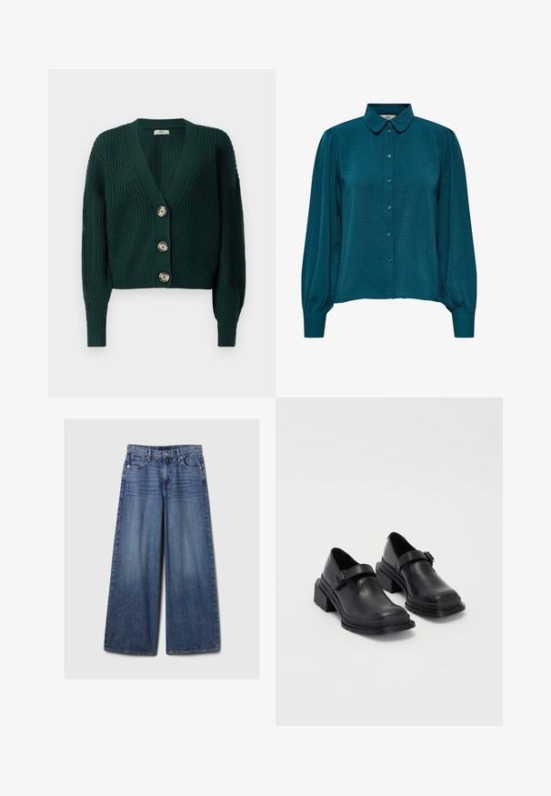 Cardigã verde tricotado com um decote em V profundo, quatro botões grandes e textura em canelado. Apresenta mangas longas e um design cropped.; Blusa verde-água com decote de colarinho, frente com botões e mangas longas. Feita de tecido texturizado com punhos franzidos.; Calças de ganga azul de perna larga com um acabamento desbotado, apresentando um fecho de botão e zipper, cinco bolsos e passantes para cinto.; Sapatos de couro pretos com um bico redondo, sola plana e uma fita com detalhe de fivela. Salto bloco robusto para maior estabilidade.