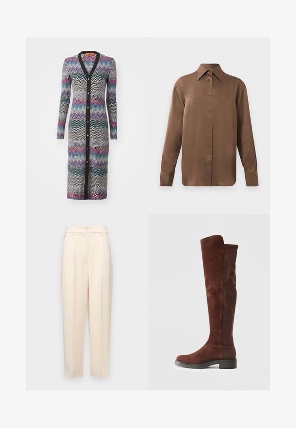 Hosszú kardigán, melynek cikkcakk mintázata fekete, fehér, lila, kék és rózsaszín színekben pompázik. Kötött anyag, V-nyakkal és gombos záródással.; Barna, hosszúujjú, gombos ing, hegyes gallérral és mandzsettákkal, egyszerű fehér háttér előtt kiemelve.; Beige, egyenes szabású testre szabott nadrág, elöl plisszírozással, sima textúrával és közepes derékkal. Nincsenek látható zsebek.; Magas barna velúr és szövet csizma alacsony fekete sarokkal és kerek orral, oldalnézetben, sima fehér háttér előtt bemutatva.
