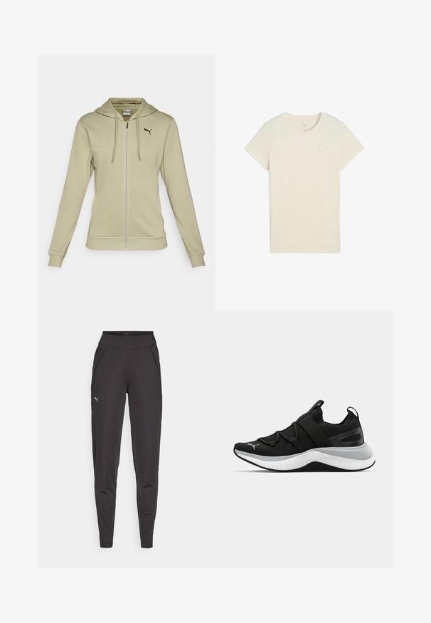 Haut à fermeture éclair vert olive clair en tissu doux, avec une poche kangourou, des poignets côtelés et un logo Puma noir sur la poitrine.; T-shirt à manches courtes de couleur beige clair en coton doux, avec un petit logo Puma blanc cousu sur le haut à gauche de la poitrine.; Leggings de sport noirs en tissu extensible, dotés d'une taille haute, de poches latérales et d'un petit logo réfléchissant sur la cuisse gauche.; Botte de sport noire avec une tige texturée, des sangles élastiques et une épaisse semelle intermédiaire blanche. Elle présente une accentuation grise le long de la semelle.