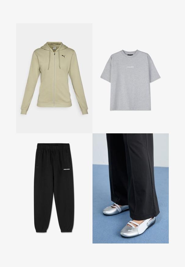 Gai olīvu zaļš ar rāvējslēdzēju sudrabotā kapucē, kas izgatavots no mīkstas auduma, ar lielu kabatu priekšā, ribotām aprocēm un melno Puma logo uz krūtīm.; Pelēks kokvilnas T-krekls ar īsām piedurknēm, kas apdalīts ar apaļu kakla izgriezumu un ar mazu baltu "PEGADOR" logotipu priekšā. Gluda tekstūra, brīva piegriezuma.; Melnas sporta bikses no mīksta auduma, ar savelkamu jostu, sašaurinātām kājām un sānu kabatām. Priekšpusē balts "PEGADOR" logo.; Sudraba un baltas plakano apavu ar krusteniskām siksnām un teksturētu apdari, kas papildināti ar brīvām melnām biksēm. Fons ir zils grīdas segums.