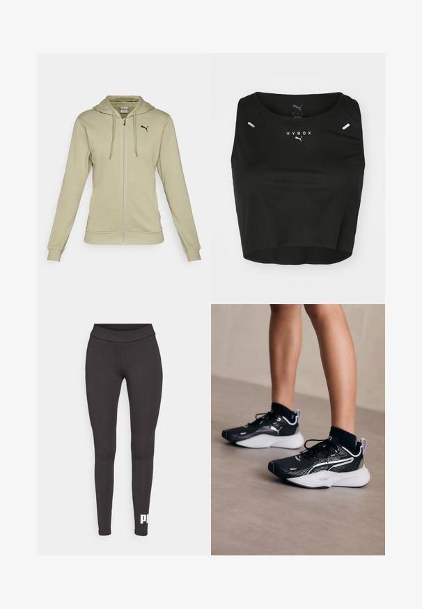 Lys olivengrøn zip-up hoodie lavet af blødt stof, med en kengurupocket, ribbede manchetter og et sort Puma-logo på brystet.; Sort cropped tanktop lavet af tekstureret stof, med en rund halsudskæring, hvidt logo og to små refleksierende detaljer på skuldrene.; Sorte leggings lavet af strækbart stof, med en høj talje og et hvidt logo trykt på den nederste venstre ben. Glat tekstur.; Sorte sportsko med hvide accenter, mesh-overdel, snørebånd og polstret hæl. Har en struktureret sål for godt fodfæste.