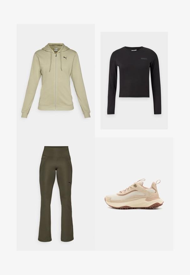 Lys olivengrøn zip-up hoodie lavet af blødt stof, med en kengurupocket, ribbede manchetter og et sort Puma-logo på brystet.; Sort langærmet crop top lavet af strækstof, med rund halsudskæring og et lille logo trykt på brystet.; Oliven grønne træningsbukser med høj talje, glat tekstur, flagrende ben og et subtilt logo på venstre side. Med to sidelommer.; Lys beige sneakers med mesh- og suede-paneler. Tyk gummisål med et tekstureret mønster. Har snørebånd, en slids og metaløjer.