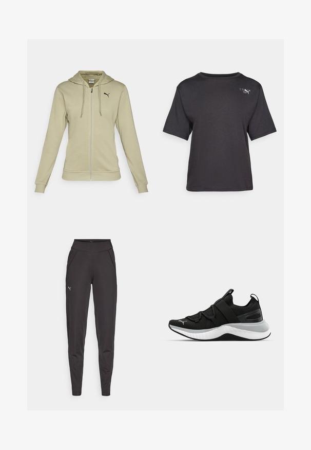 Licht olijfgroene zip-up hoodie van zacht materiaal, met een kangoeroezak, ribgebreide manchetten en een zwart Puma-logo op de borst.; Zwarte korte mouw t-shirt van zacht materiaal, met een ronde halslijn en een klein logo-detail aan de bovenkant van de linkerzijde.; Zwarte sportleggings van rekbare stof, met een hoge tailleband, zijzakken en een klein reflecterend logo op de linkerdij.; Zwarte sportschoen met een gestructureerde bovenkant, elastische banden en een dikke witte tussenzool. Heeft een grijze accent langs de zool.