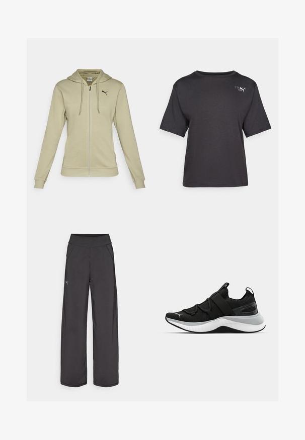 Licht olijfgroene zip-up hoodie van zacht materiaal, met een kangoeroezak, ribgebreide manchetten en een zwart Puma-logo op de borst.; Zwarte korte mouw t-shirt van zacht materiaal, met een ronde halslijn en een klein logo-detail aan de bovenkant van de linkerzijde.; Zwarte sportbroek met een brede tailleband, zijzakken en platte naden. Bevat een klein logo op het linkerbeen. Gemaakt van gladde, rekbare stof.; Zwarte sportschoen met een gestructureerde bovenkant, elastische banden en een dikke witte tussenzool. Heeft een grijze accent langs de zool.