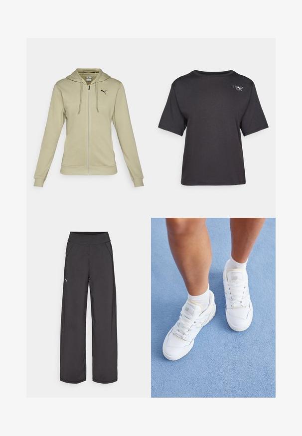 Helle olivgrüne Zip-Hoodie aus weichem Stoff, mit einer Kängurutasche, gerippten Bündchen und einem schwarzen Puma-Logo auf der Brust.; Schwarzes Kurzarm-T-Shirt aus weichem Stoff, mit rundem Halsausschnitt und einem kleinen Logodetail auf der oberen linken Seite.; Schwarze Sporthose mit einem breiten Bund, Seitentaschen und flachen Nähten. Mit einem kleinen Logo am linken Bein. Hergestellt aus glattem, dehnbarem Stoff.; Beine, die weiße New Balance Turnschuhe und weiße Socken tragen, stehen auf einem hellblauen strukturierten Boden.