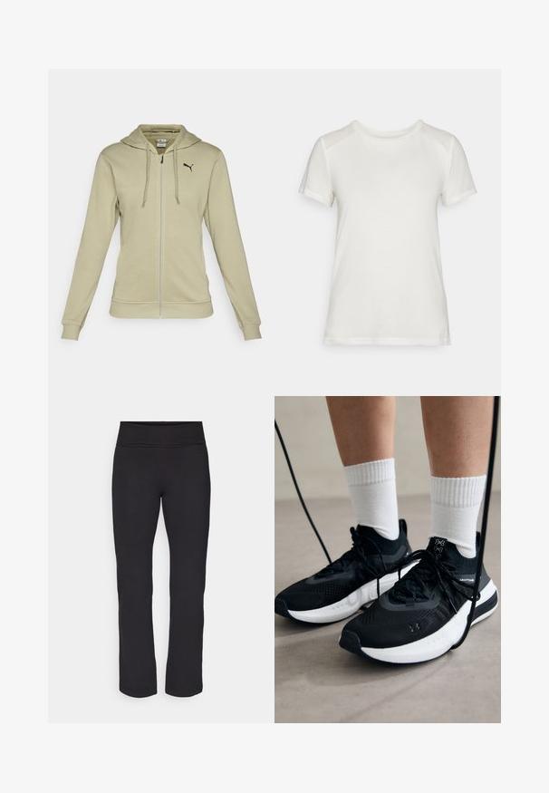 Hanorac zip cu glugă de culoare verde măsliniu deschis, fabricat dintr-un material moale, având un buzunar pentru kangur și mansete cu nervuri, precum și un logo Puma negru pe piept.; Tricou alb cu mânecă scurtă, confecționat dintr-un material moale, având un guler rotund și o croială lejeră, cu accente pentru umeri netede și fără cusături.; Leggings negre dintr-un material neted și elastic, cu o talie largă. Au picioare drepte, de lungime completă și nu au modele sau accente vizibile.; Căști atletice negre cu țesătură texturată, talpă albă și șireturi negre. Purtați cu șosete albe cu riflaje, stând pe o suprafață deschisă.