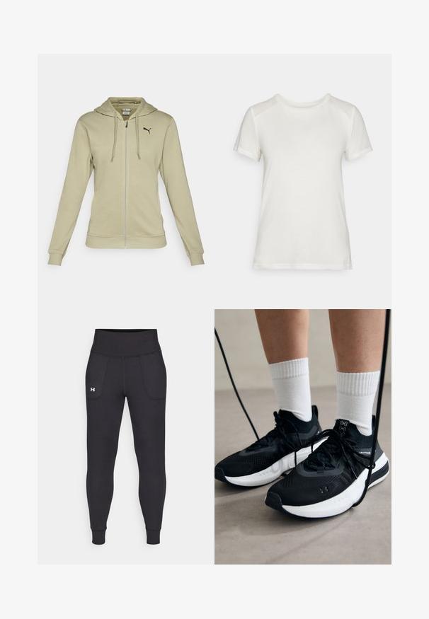 Világos olajzöld, cipzáros kapucnis pulóver, puha anyagból készült, kenguruzsebes, bordázott mandzsettákkal és fekete Puma logóval a mellkason.; Fehér, rövid ujjú póló puha anyagból, kerek nyakkivágással és laza szabással, sima, varrat nélküli vállrész kiemelésekkel.; Fekete sportleggings rugalmas anyagból, magas derékfűzéssel, oldalsó zsebekkel és szűkített szárakkal a bokán.; Fekete sportcipők textúrált anyagból, fehér talppal és fekete fűzőkkel. Fehér bordázott zoknikkal viselve, világos felületen állva.