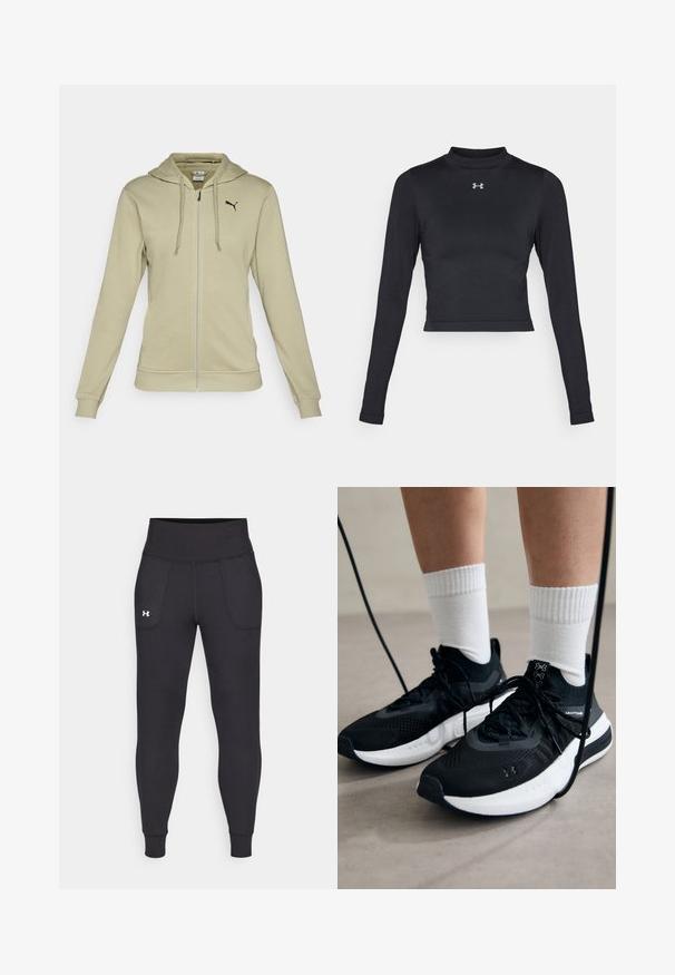 Light olive green zip-up hoodie made of soft fabric, featuring a kangaroo pocket, ribbed cuffs, and a black Puma logo on the chest.; Black long-sleeve crop top made of smooth, stretchy fabric featuring a high neckline and a small reflective logo on the chest.; Black athletic leggings made from stretchy material, featuring a high waistband, side pockets, and fitted cuffs at the ankle.; Black athletic shoes with textured fabric, white sole, and black laces. Worn with white ribbed socks, standing on a light surface.